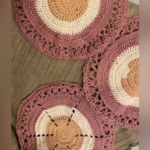 Lot of 3 NEW Rose Blush Tan and Cream 13” round Crochet Placemat Doily handmade